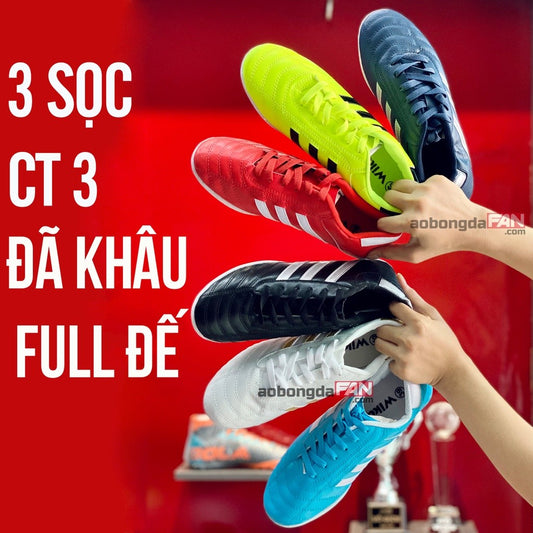 GIÀY BÓNG ĐÁ WIKA 3 SỌC (tặng tất dệt)- GIÀY PHỦI 3 SỌC DA NHĂN Chính Hãng- Đã may full đế