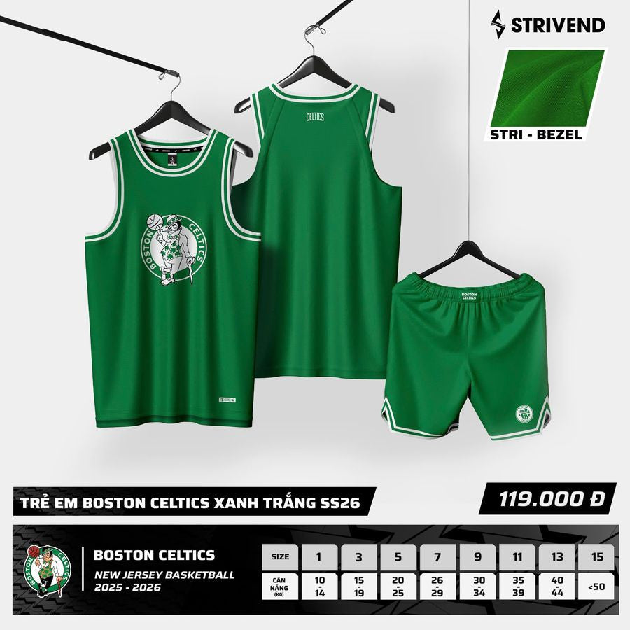 Bộ Quần Áo Bóng rổ trẻ em Strivend Celtics- Thoáng Mát