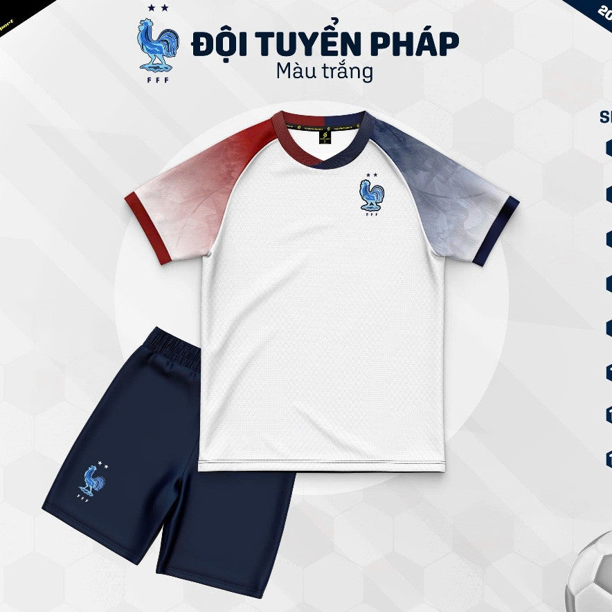 Bộ Bóng Đá Pháp Trắng Trẻ Em - Có In Tên Số - Vải Thun Lạnh Trơn mát