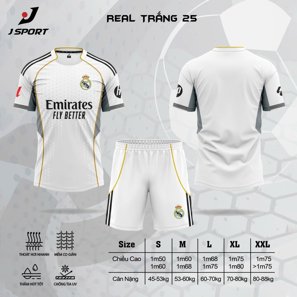 Bộ Quần Áo Bóng Đá Real Madrid Trắng 24/25 - Vải Thun Thoáng Mát