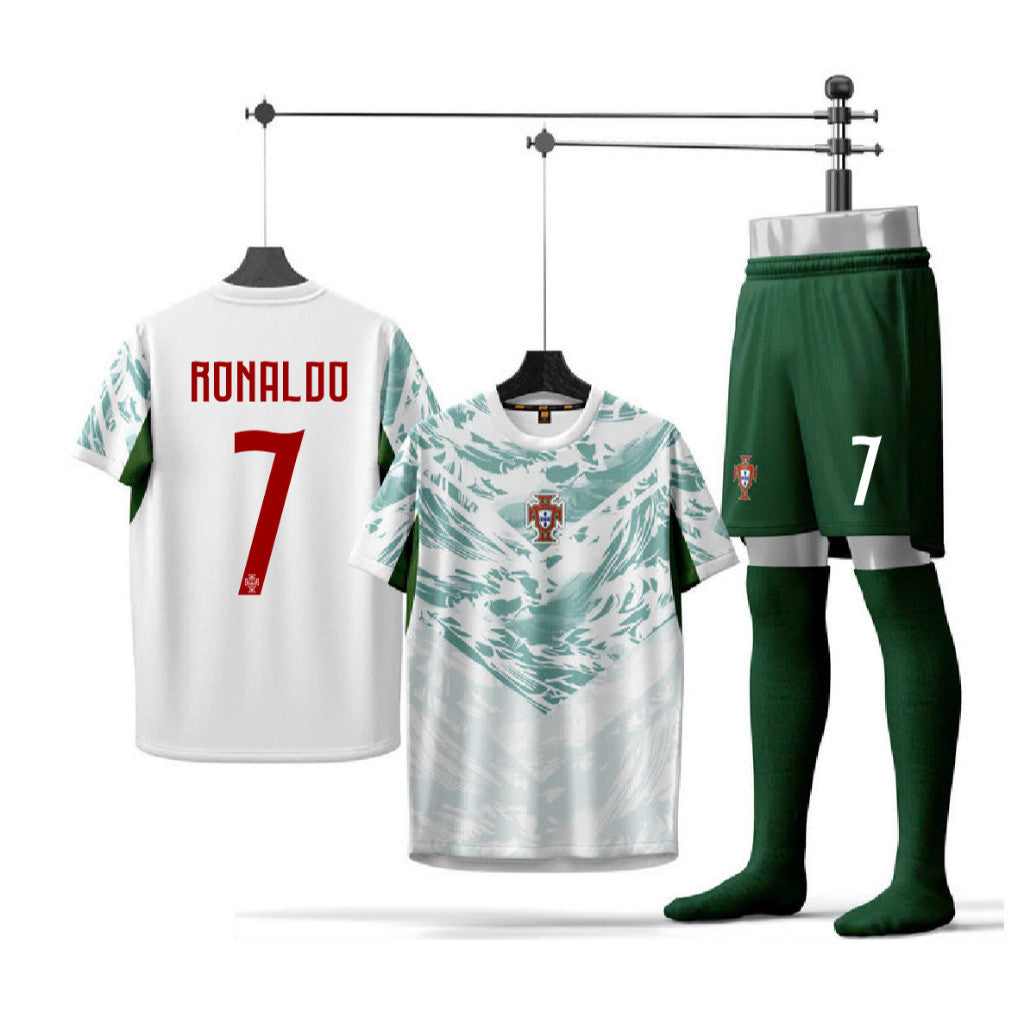 Bộ Bóng Đá Trẻ Em Ronaldo Bồ Đà.o Nh.a Trắng Xanh - Có In Tên Số
