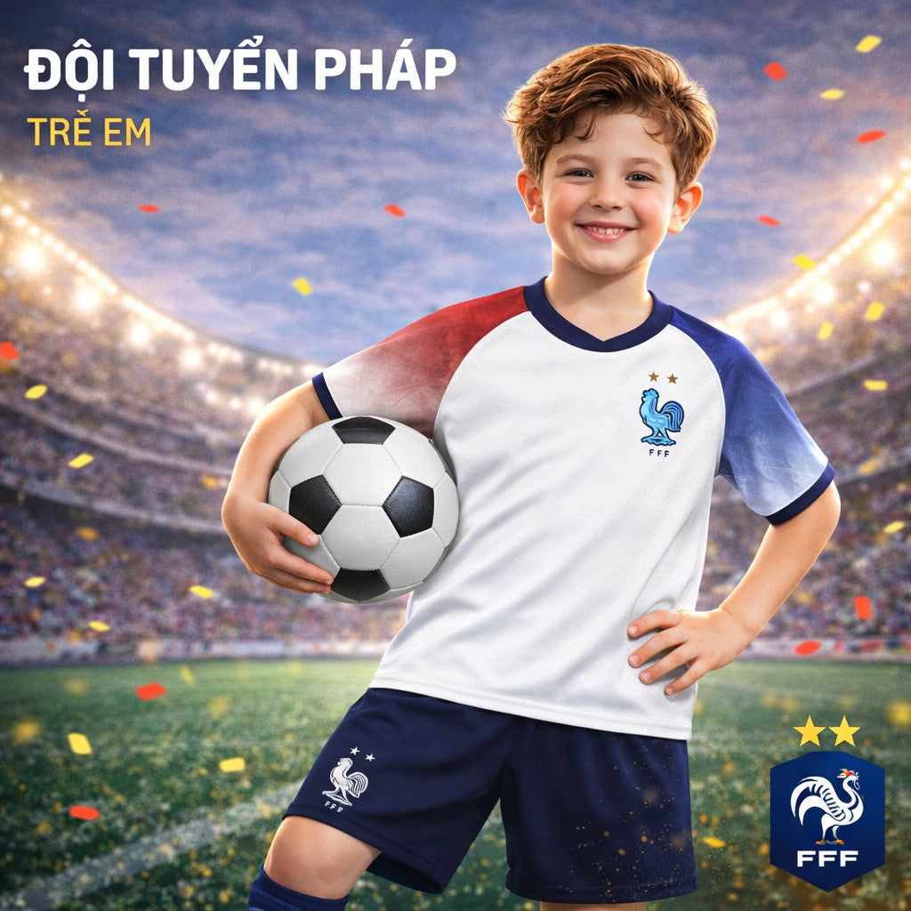 Bộ Bóng Đá Pháp Trắng Trẻ Em - Có In Tên Số - Vải Thun Lạnh Trơn mát