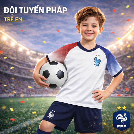 Bộ Bóng Đá Pháp Trắng Trẻ Em - Có In Tên Số - Vải Thun Lạnh Trơn mát